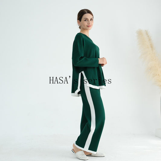 HS5149 Simple and elegant knitted set, featuring a loose-fitting, thick, long-sleeved two-piece design.