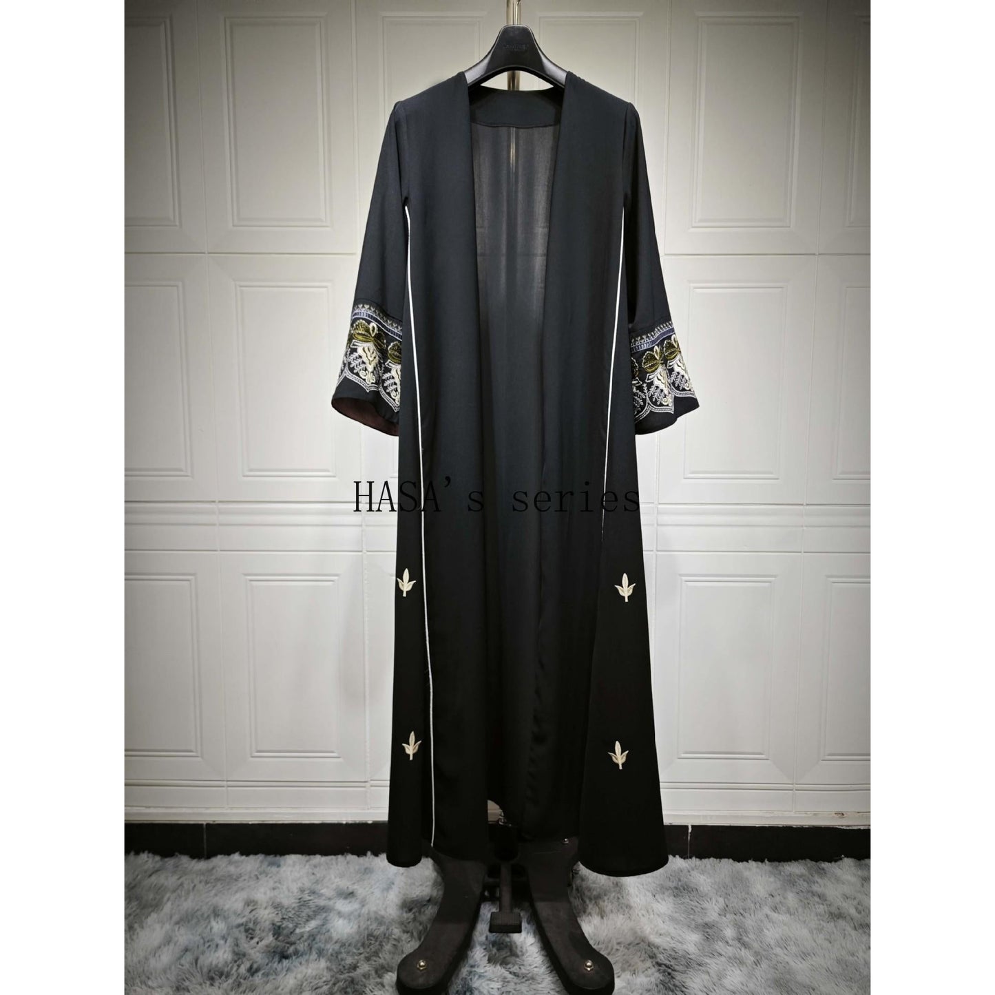 HS5090 Classic black embroidered patchwork robe, designed as a loose, open-front dress.
