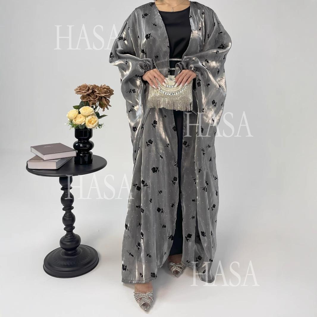 HA6536 Elegant Rose Pattern Abaya Outer Dress Set