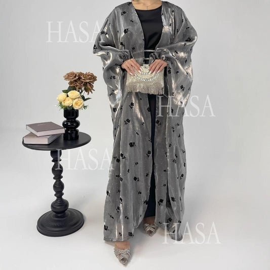 HA6536 Elegant Rose Pattern Abaya Outer Dress Set