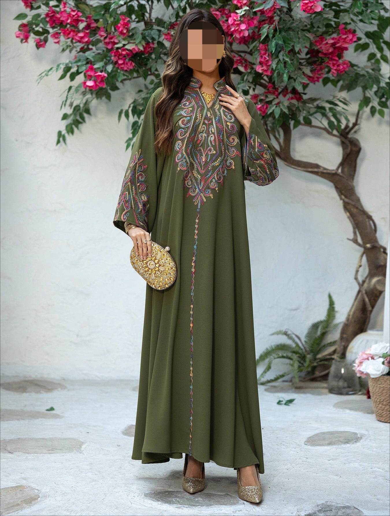 HA6669 Pullover Embroidered Robe Dress with Simple Long Sleeves