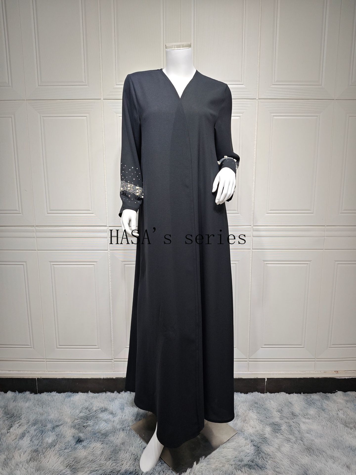 HS5097 Elegant Black Rhinestone-embellished Gown, Two-piece Beaded Set with Headscarf.