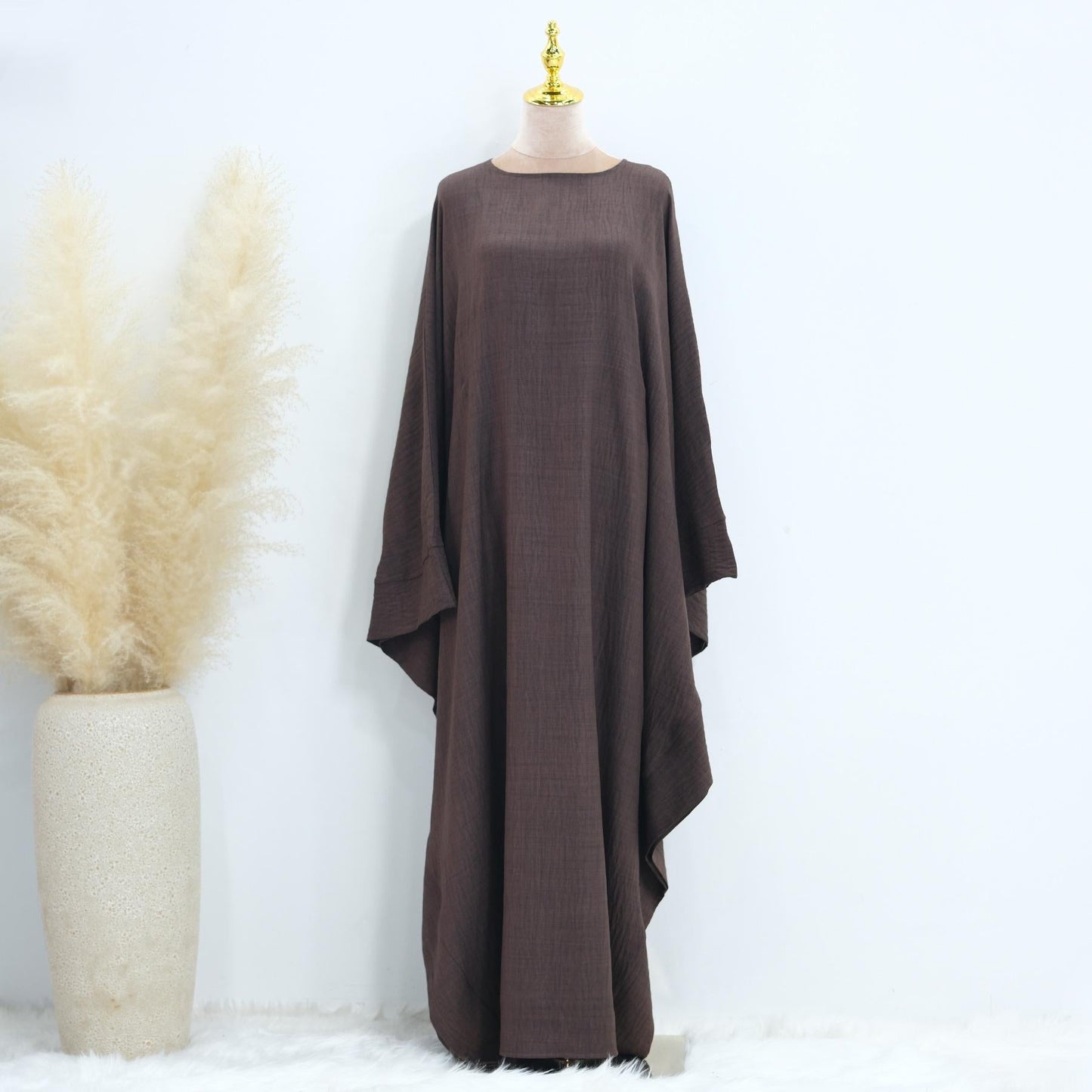 HAYA HA1177 Waist Raging Bat Sleeves Dress Crepe Kaftan with Built-in Belt