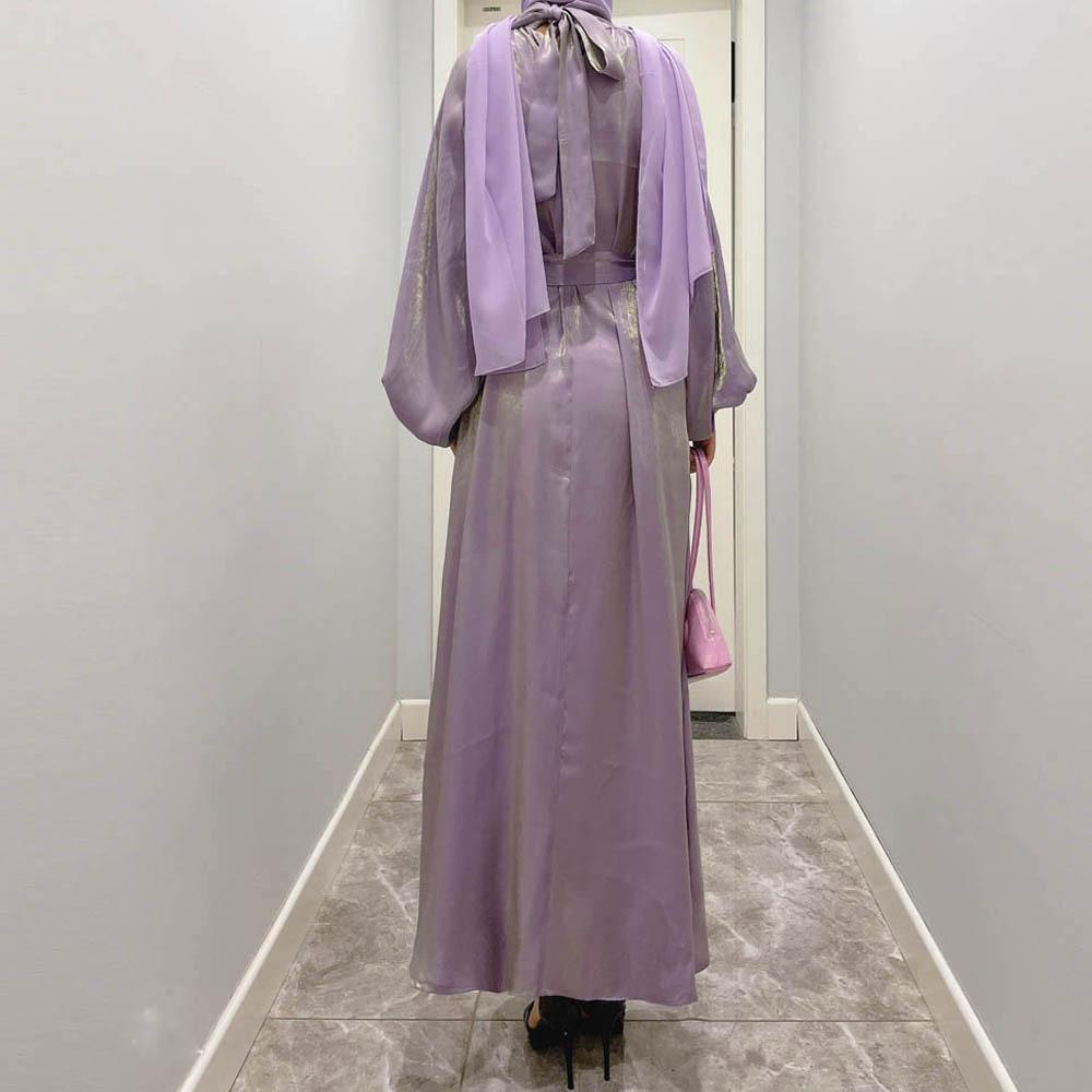 HAYA10043 HAYA  Large Lantern Sleeves Long Bright Silk Dress Stand Up Collar Back Tie Women's Dress Abaya