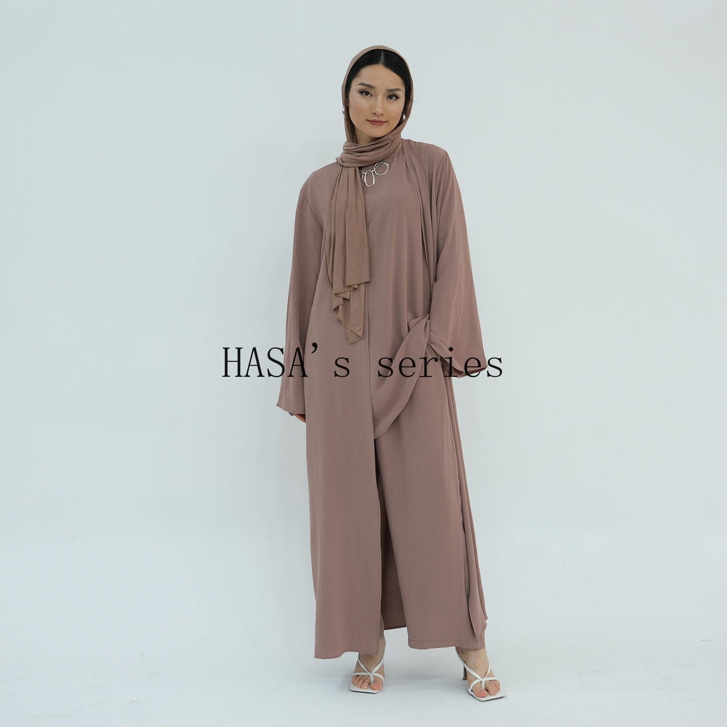 HS5107 Minimalist Style Three-piece Set | Solid Color Long Coat Paired with A Loose Two-piece Suit.