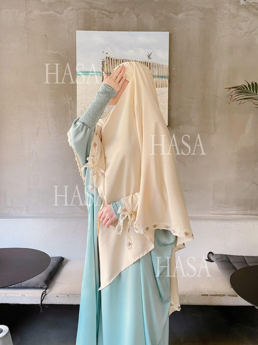 HA6569 Bow-decorated Solid Color Single-layer Headscarf with Three-layer Embroidery