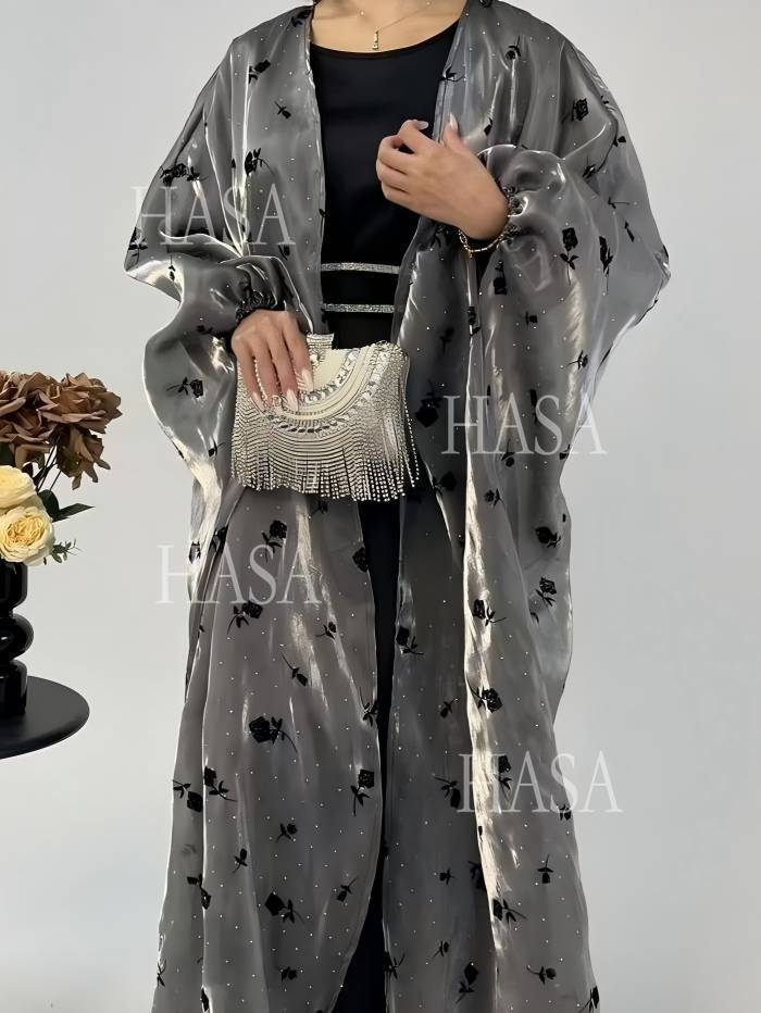 HA6536 Elegant Rose Pattern Abaya Outer Dress Set