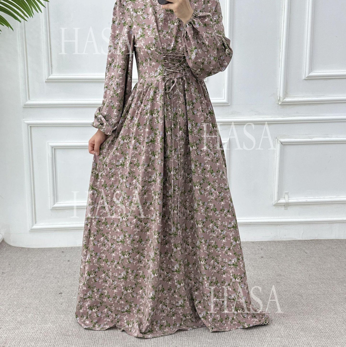 HA6489 Long-sleeved Floral Maxi Dress with Natural Waist