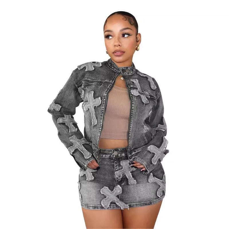 HS6391 Primavera Nuovo Set Gonna in Denim Set Giacca Gonna Ricamata in Denim
