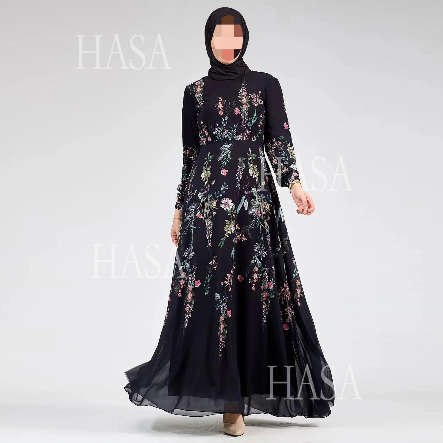 HA6531 Chiffon Printed Ankle-Length Maxi Dress with Long Sleeves