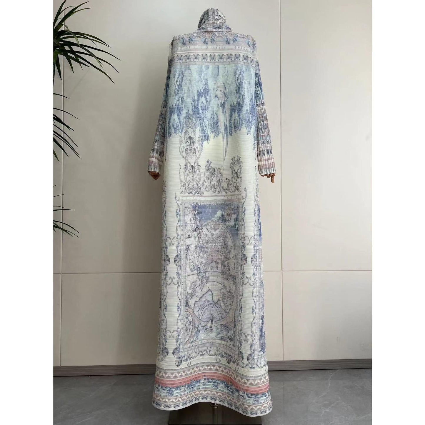 HS5840 Light-colored, All-over Print, Open-front Long Coat