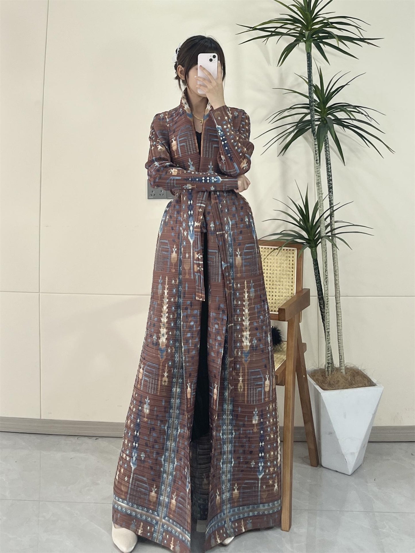 HS5848 Retro Brown Textured Open-front Long Coat