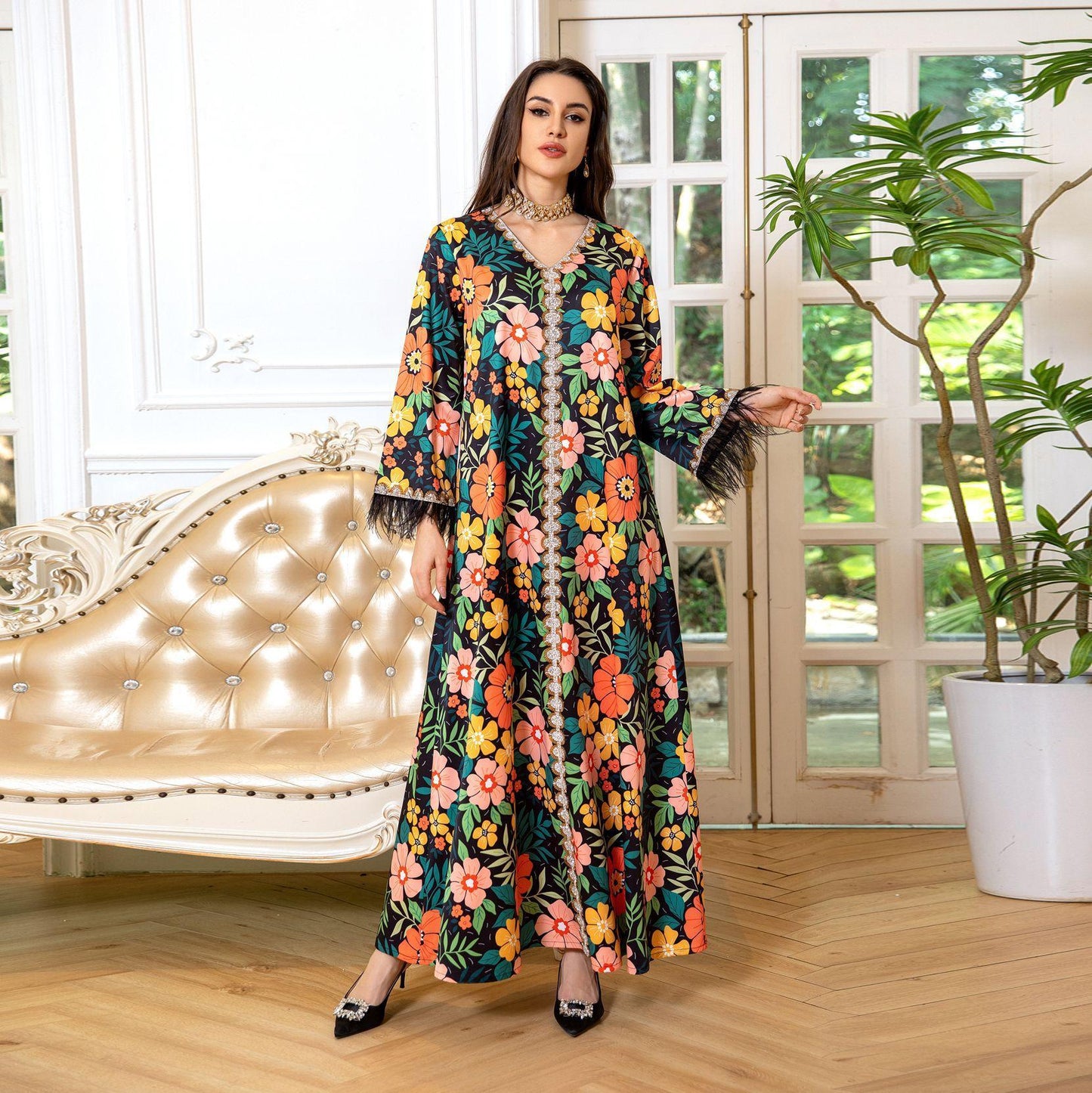HAYA HAYA1078 Printed Diamond Camel Hair Dress
