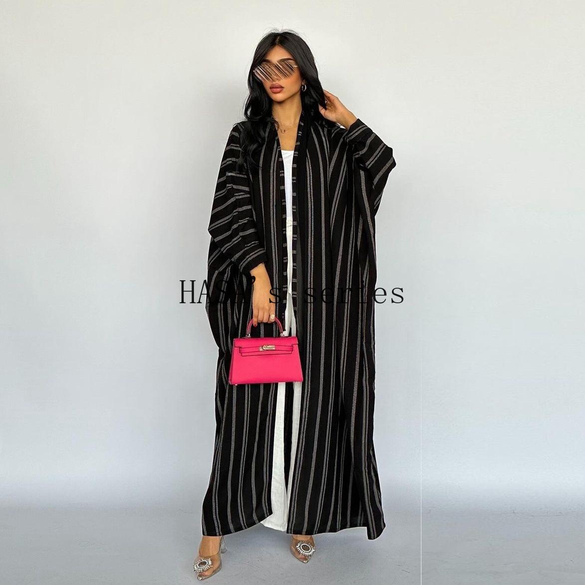 HS5096 Stylish Black and White Striped Long Coat with A Loose-fitting, Open-front Design.