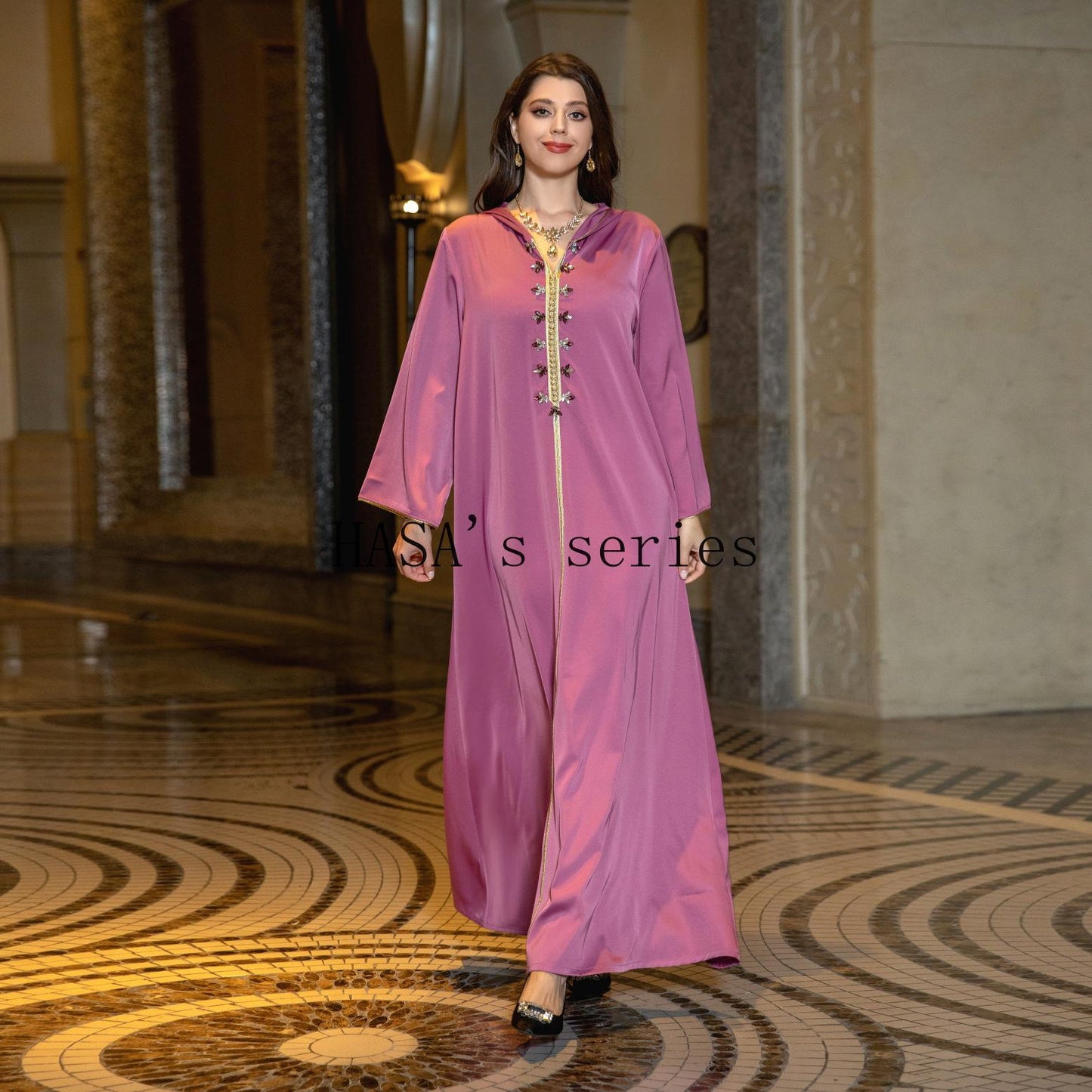 HASA's Series  HA1231 Jeweled Ribbon Satin Home Dress Abaya
