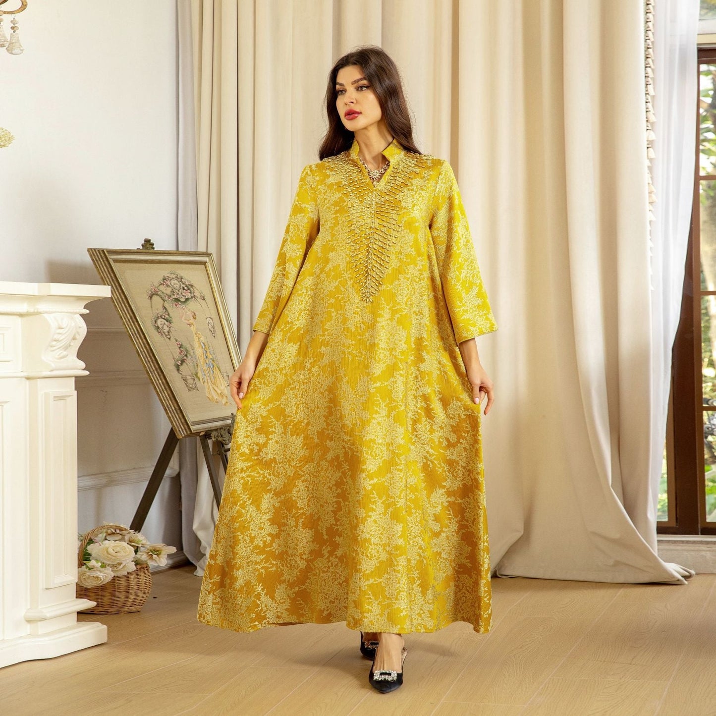 HA6660 Jacquard fabric embroidered beaded robe dress with rich design features