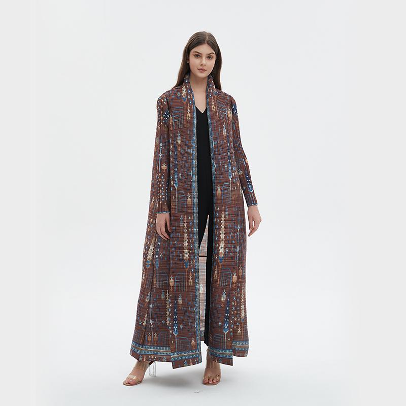 HS5848 Retro Brown Textured Open-front Long Coat