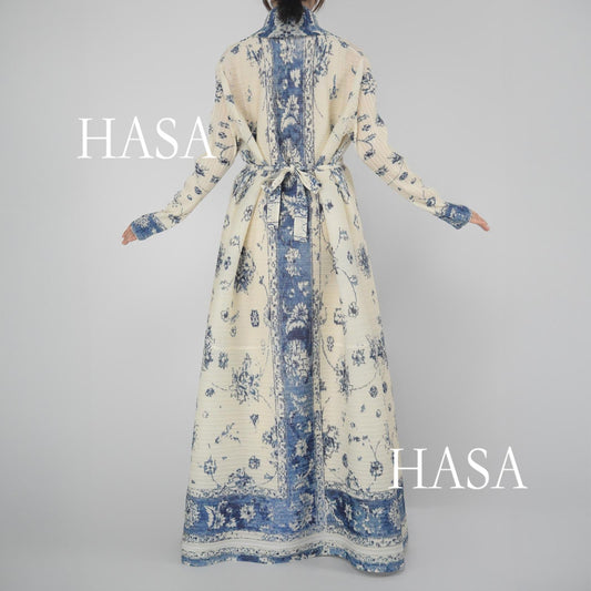 HS5851 Elegant, Retro-style Blue Floral Print Open-front Long Coat.