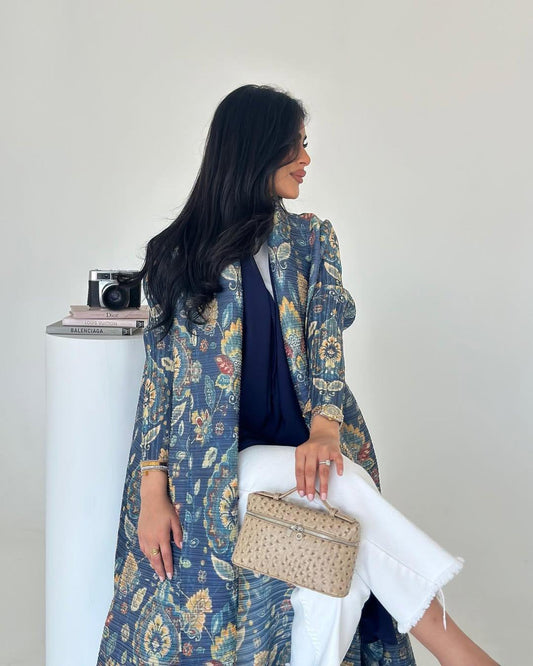 HS6708 Botanical Elegance , Teal Floral Kimono-Style Abaya