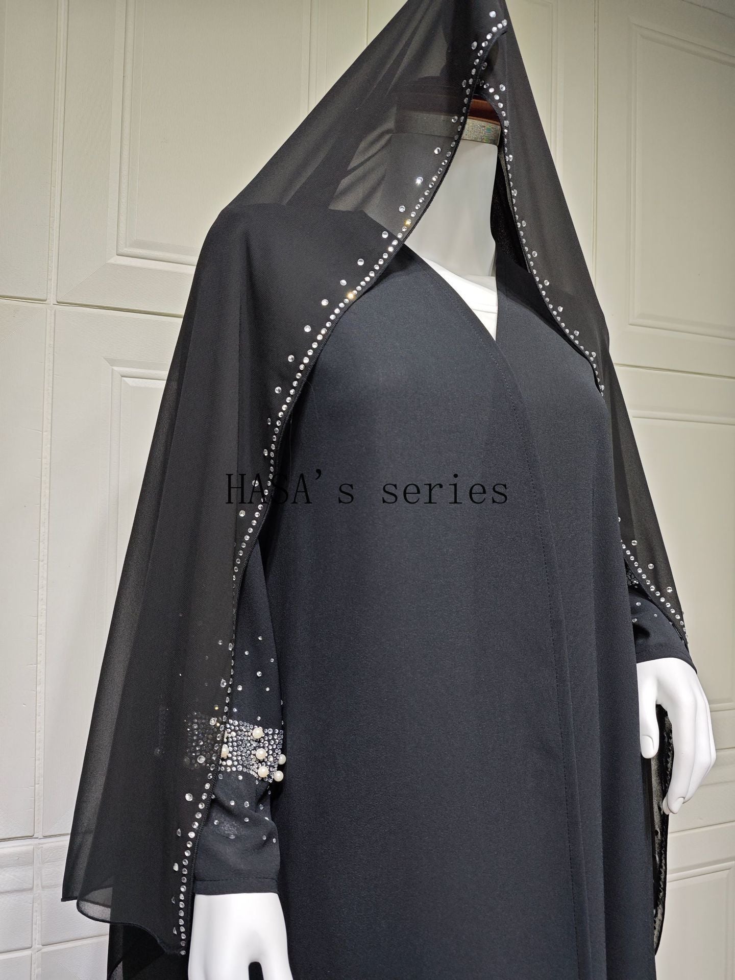 HS5097 Elegant Black Rhinestone-embellished Gown, Two-piece Beaded Set with Headscarf.