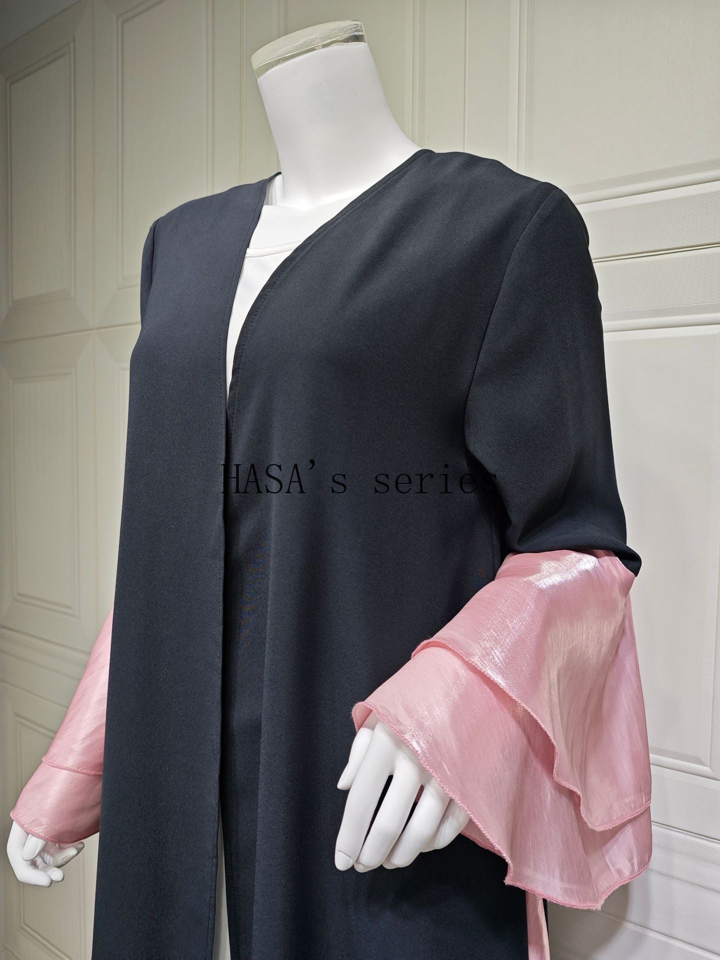 HS5106 A Soft and Elegant Long Satin Dress with Classic Design and Ruffled Sleeves.