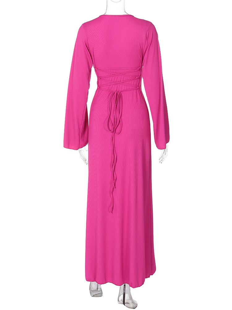 HAYA HAYA0676 Flared Long Sleeved High Waist Maxi Skirt with Lace-up Back