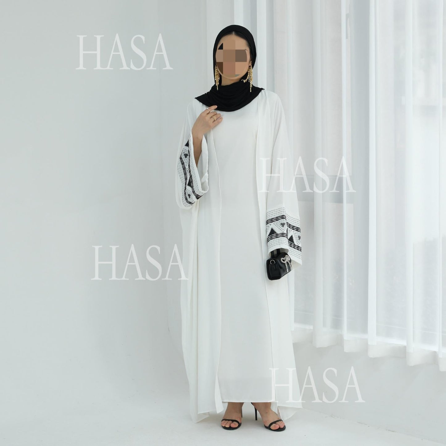 HASA's Series HA6506 Long Wide Sleeve Embroidered Robe Cardigan (No Headscarf)