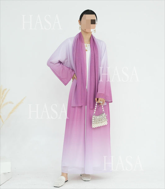 HA6617 Gradient Color Long Cardigan Two-Piece Set (Including Headscarf)