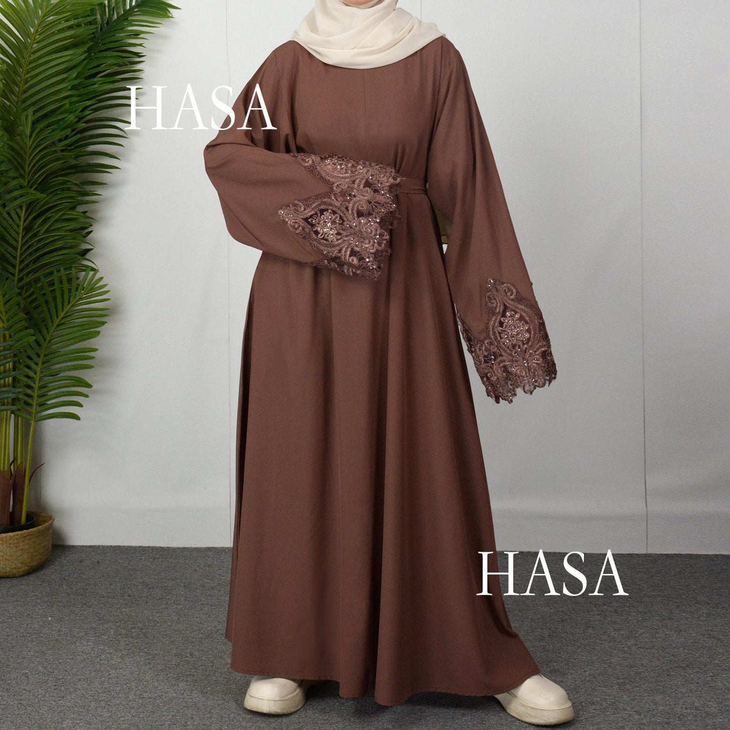 HAYA HA0303 3D Embroidery Sleeves with Two Sides Pocket and Nursing Zippers Solid Abaya