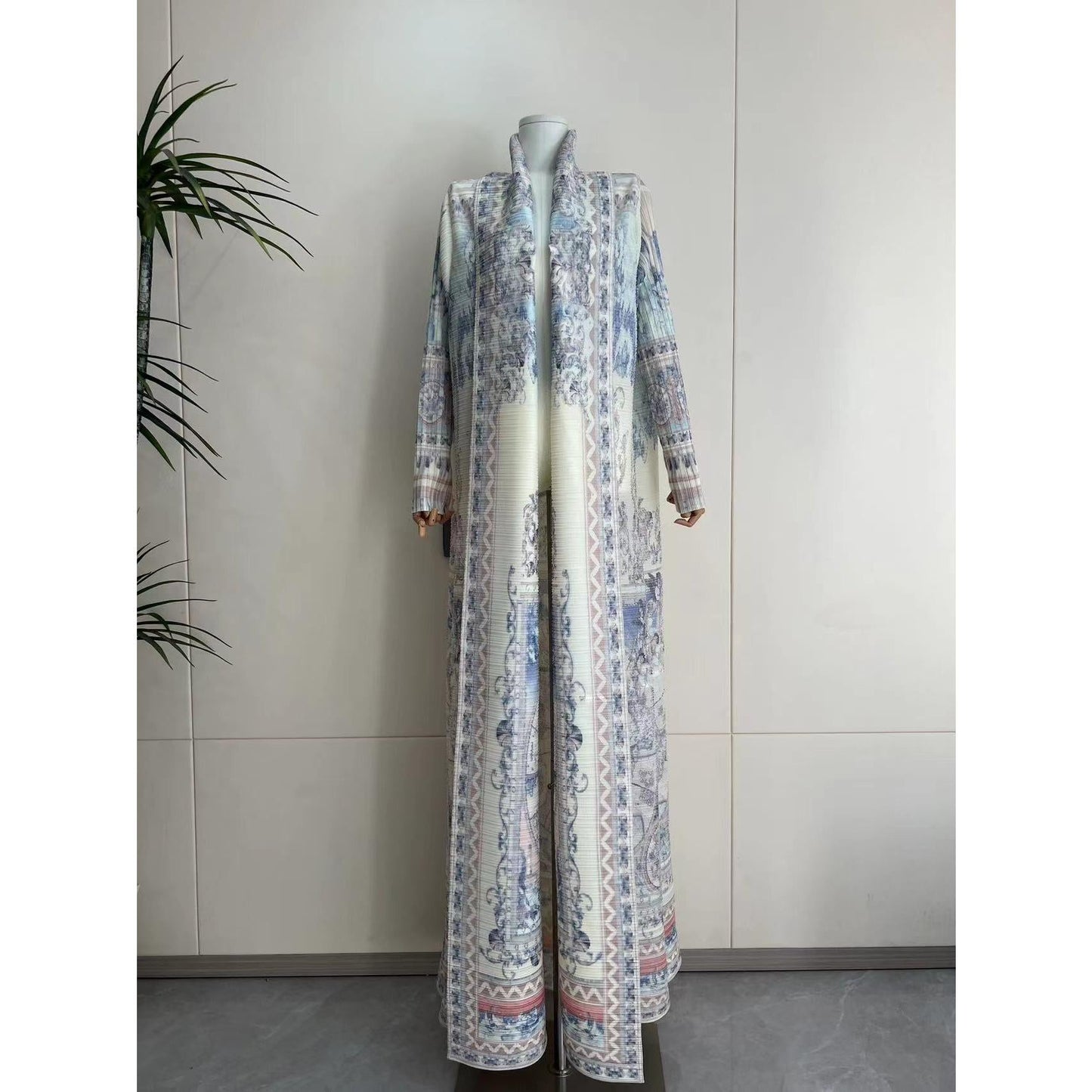 HS5840 Light-colored, All-over Print, Open-front Long Coat