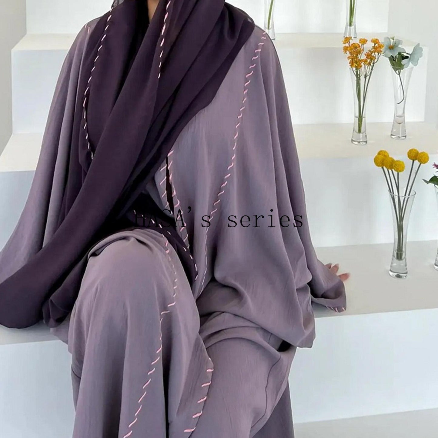 HS4843 Simple Cardigan and Headscarf Two-piece Set.