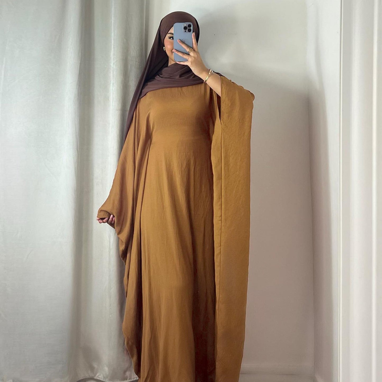 HAYA HAYA0997 Crepe Kaftan with Built-in Belt Waist Bat Sleeves Dress