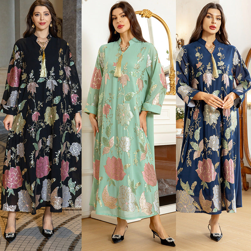 HA6649 Sequined Embroidered Tassel Long Robe, Elegant and Sophisticated Dress