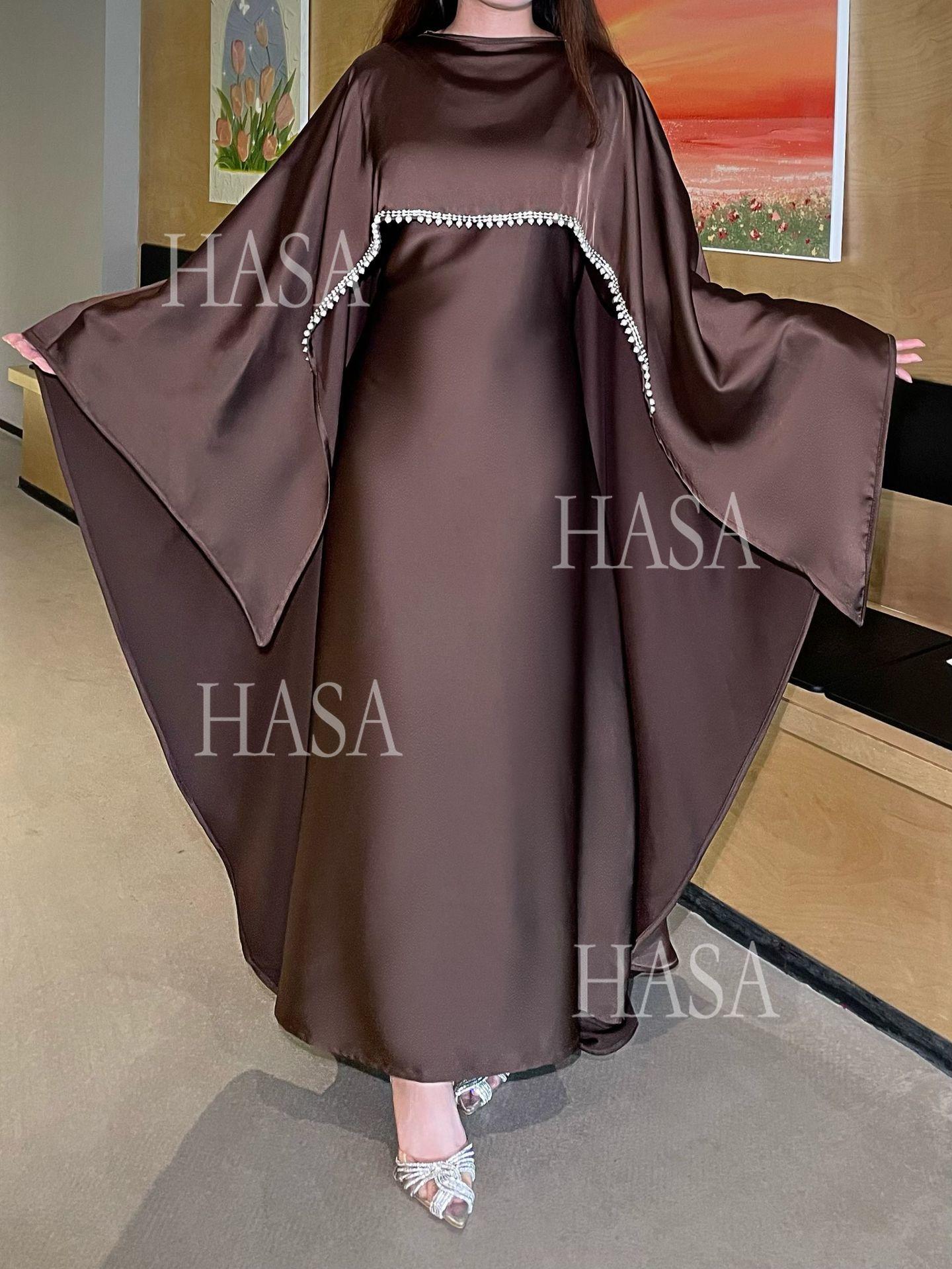 HA6476 Long Sleeves Glossy Robe with Pearl Embellishment