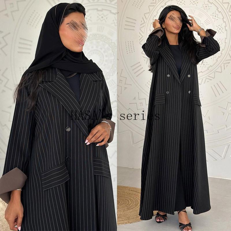 HS5101 Double-breasted, Pinstriped, Long Coat-style Robe with A Loose and Elegant Dress Design.