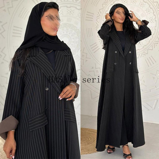 HS5101 Double-breasted, Pinstriped, Long Coat-style Robe with A Loose and Elegant Dress Design.