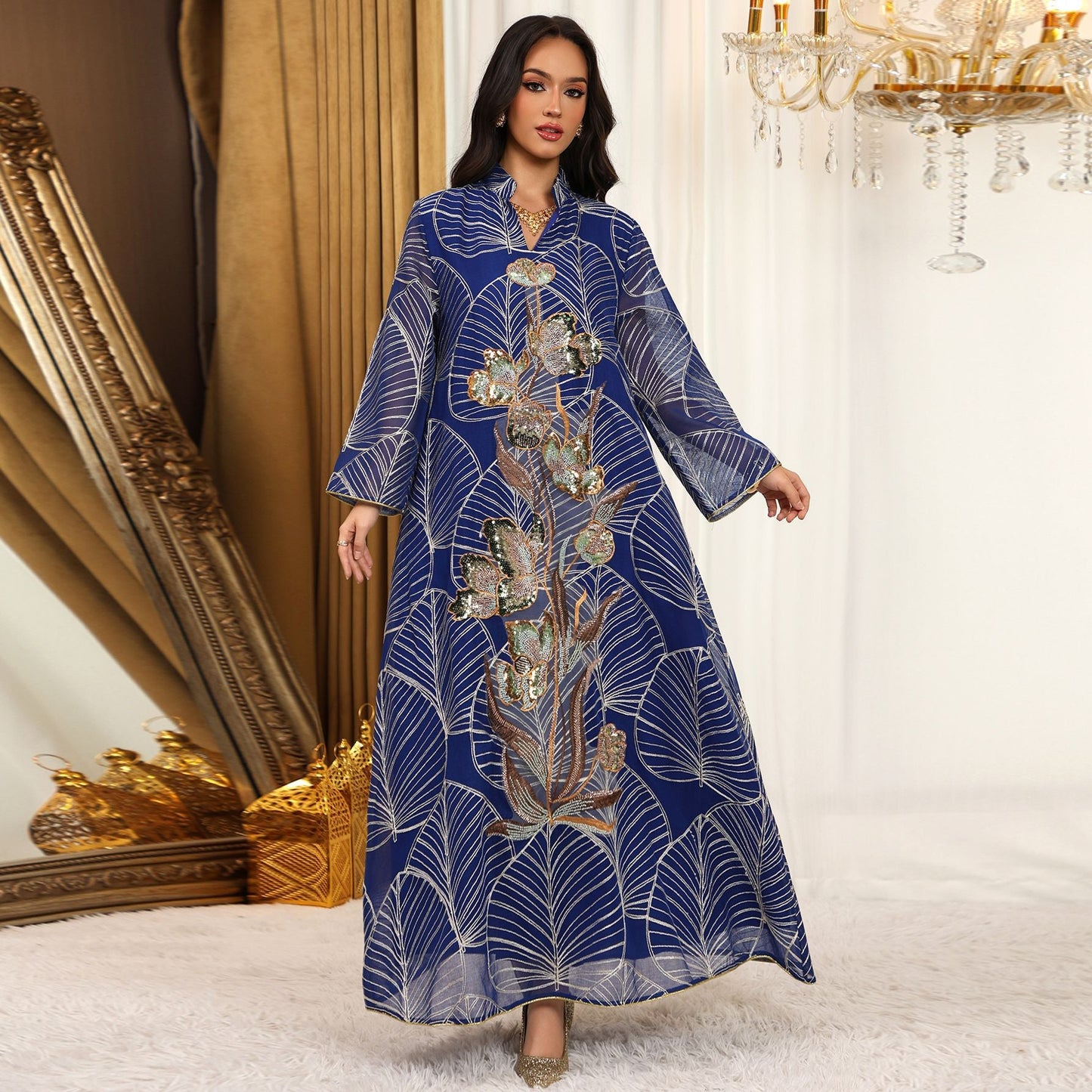 HA6657 Women's Long Robe Dress with Mesh Embroidery
