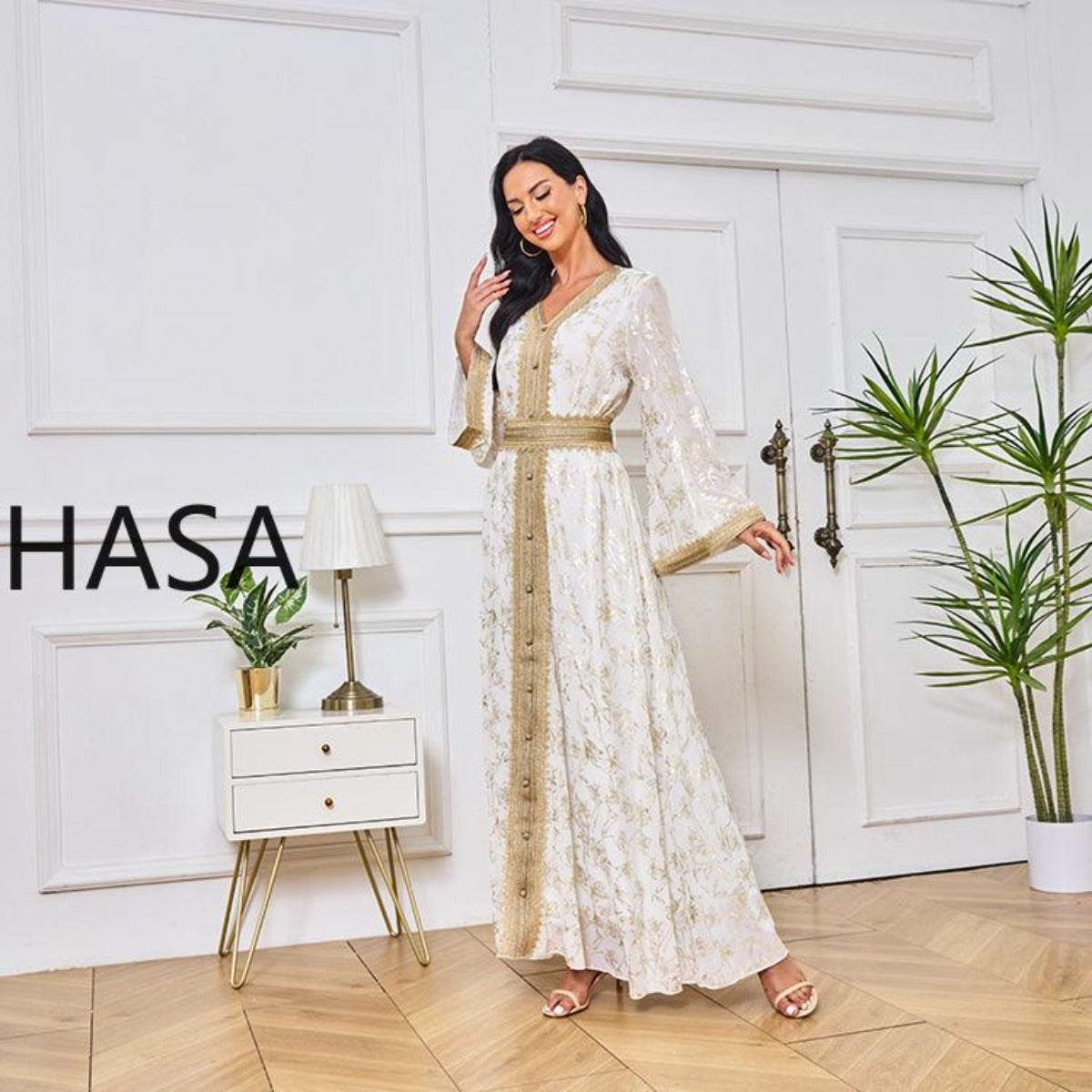 HA1249 Elegant Floral Abaya with Golden Detailing