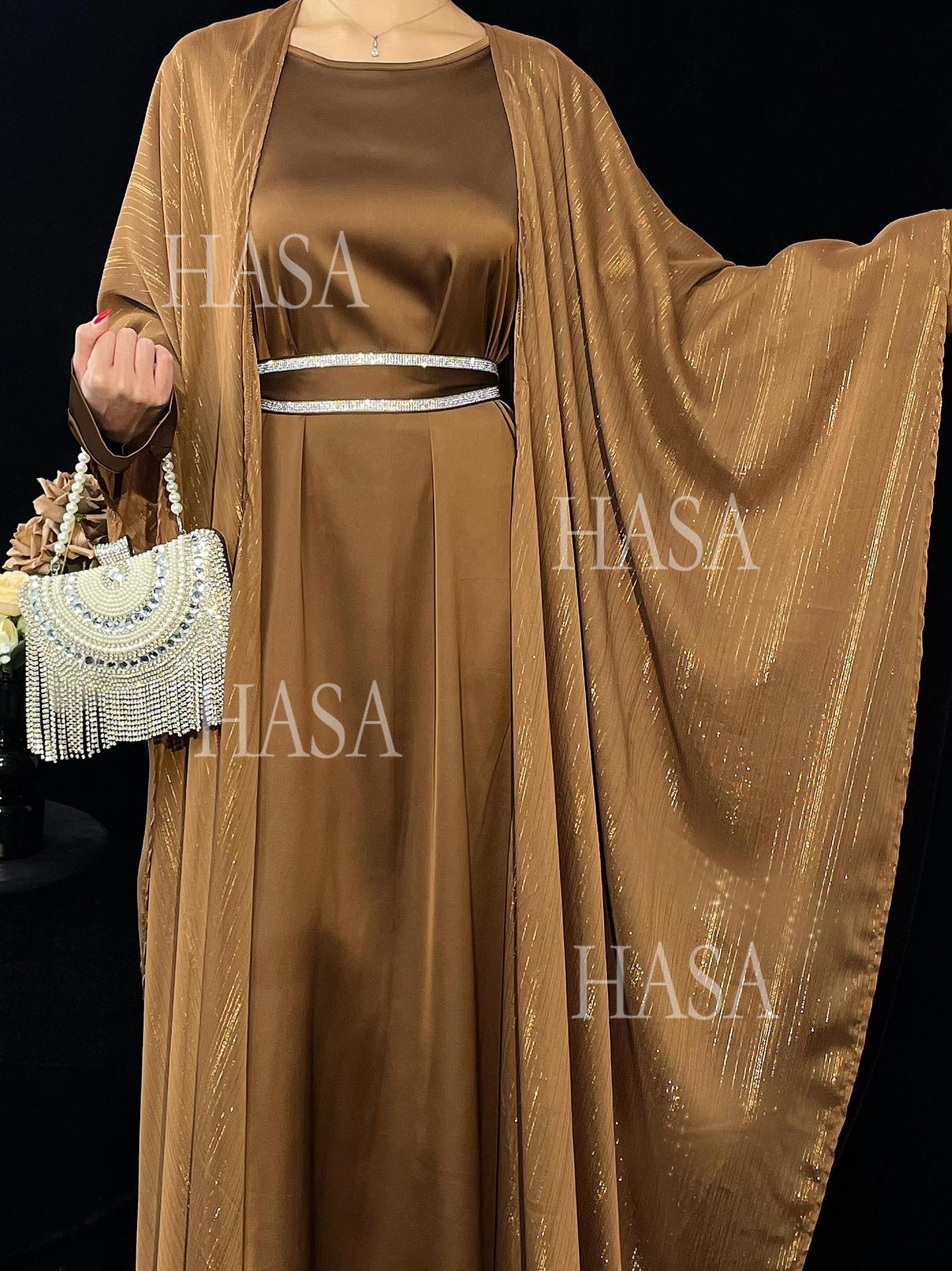 HA6571 Gold embellished long Abaya skirt set