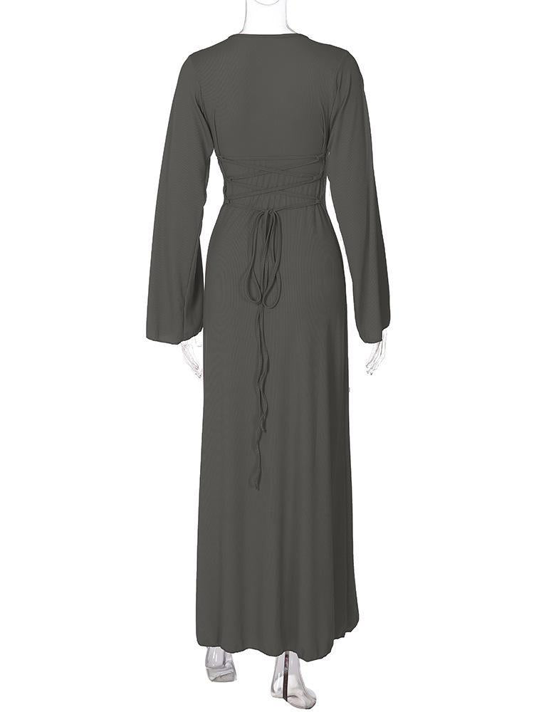 HAYA HAYA0676 Flared Long Sleeved High Waist Maxi Skirt with Lace-up Back