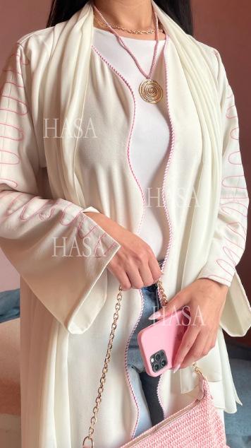 HASA's Series HA6582 Abaya Women's Long Embroidered Cardigan Jacket with Wavy Edges