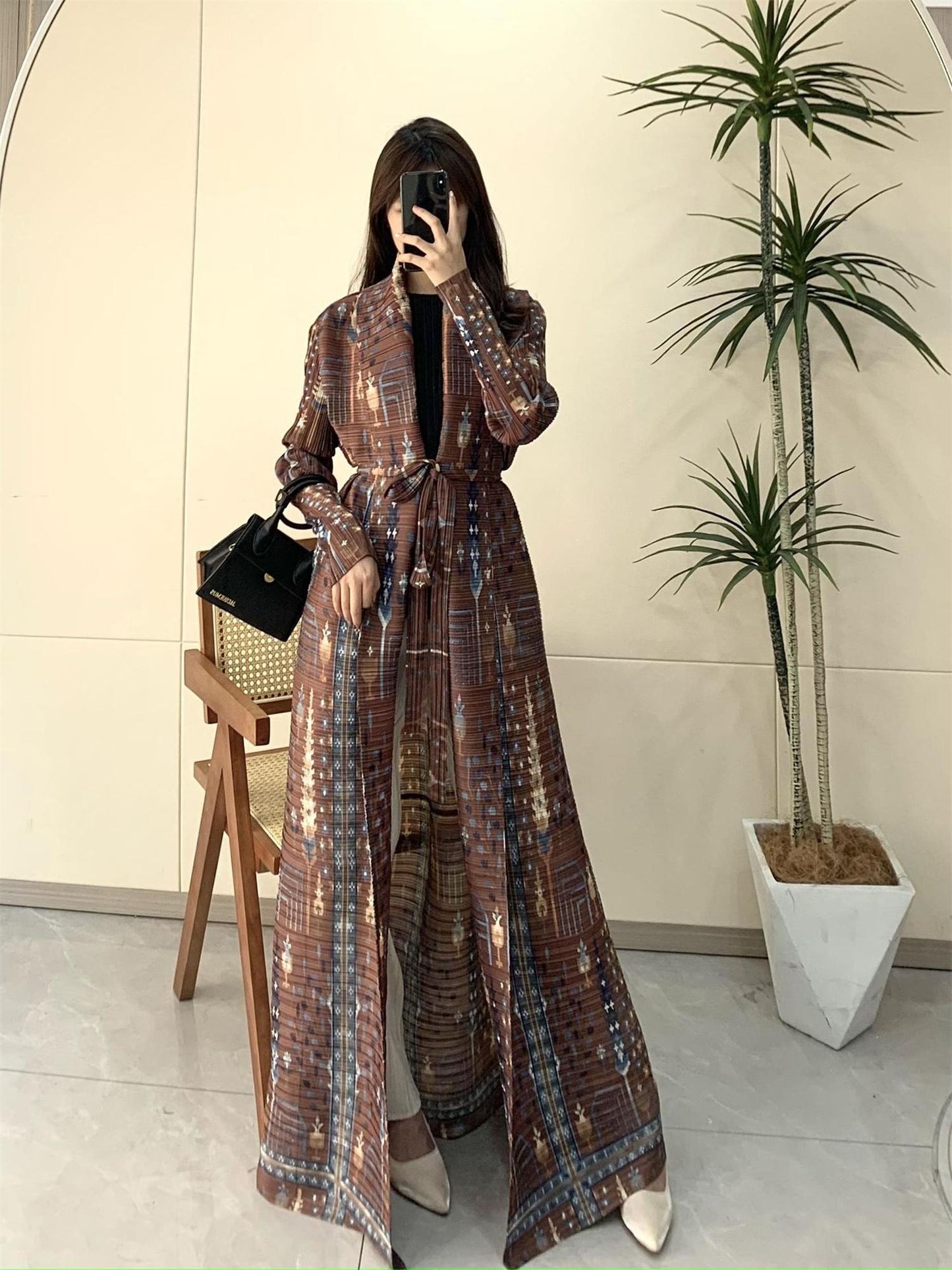 HS5848 Retro Brown Textured Open-front Long Coat