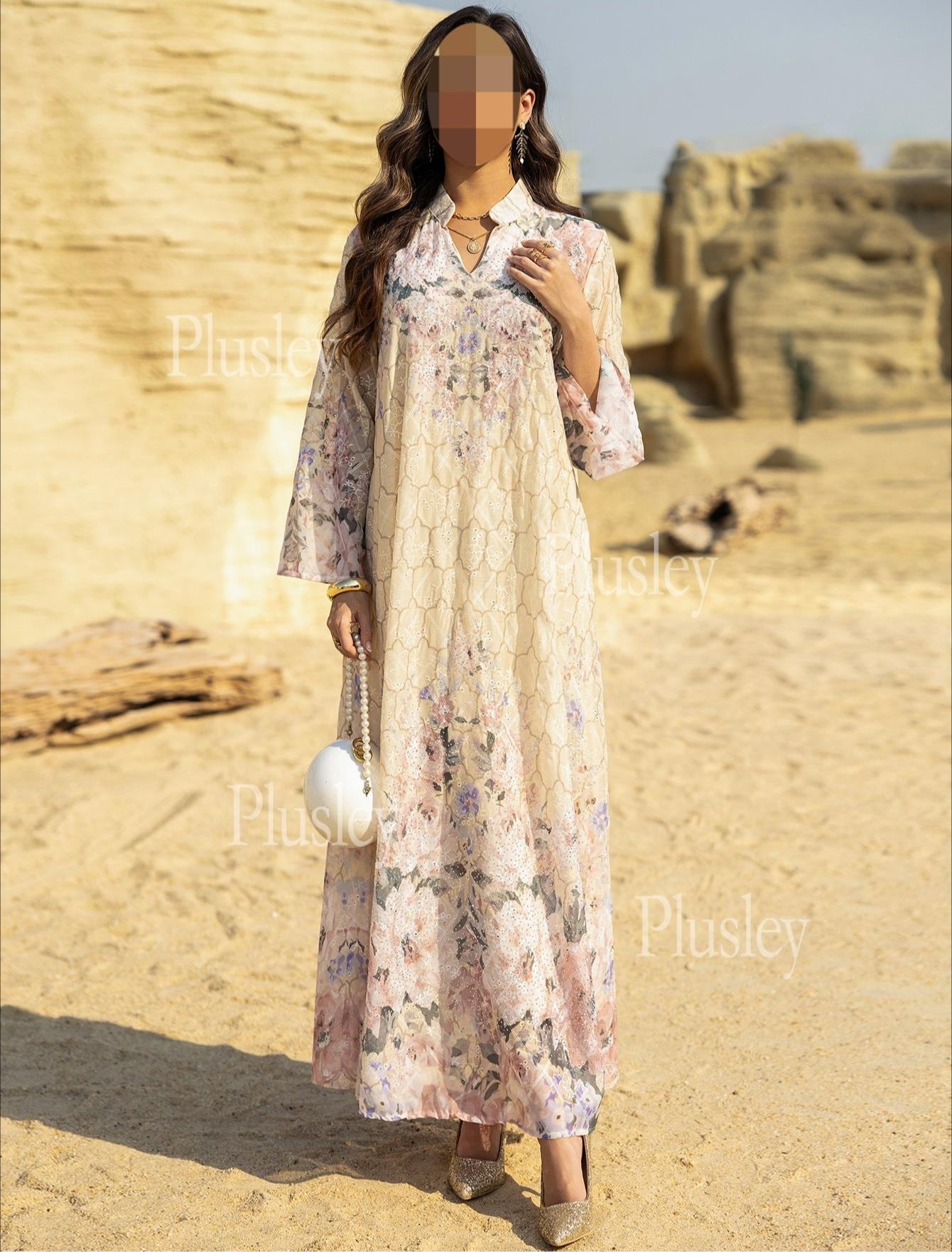 HA6636 Floral Print Embroidered Long Dress