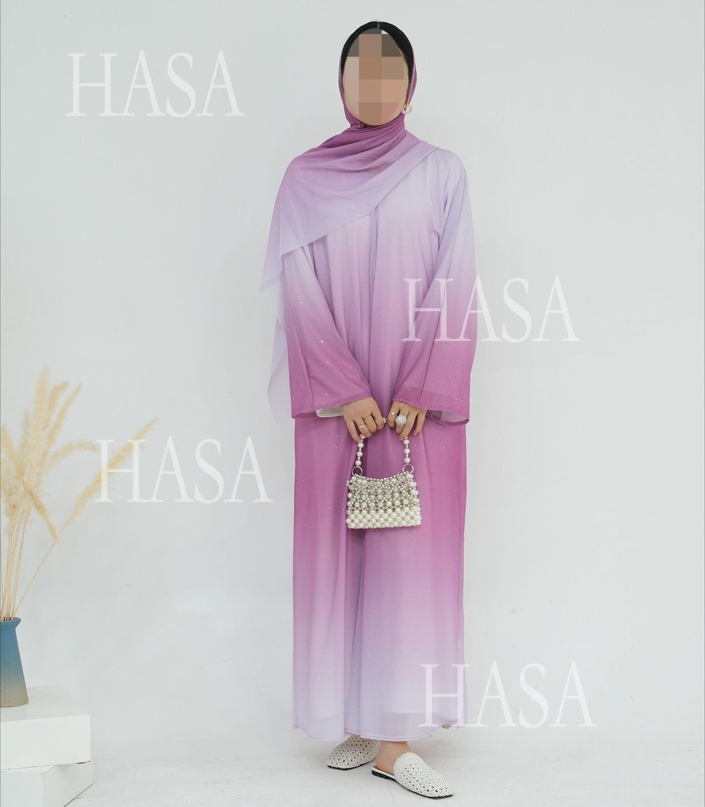HA6617 Gradient Color Long Cardigan Two-Piece Set (Including Headscarf)