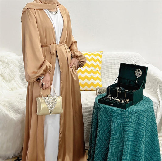 HAYA0481 Solid Color Satin Coat Robe Open Abaya