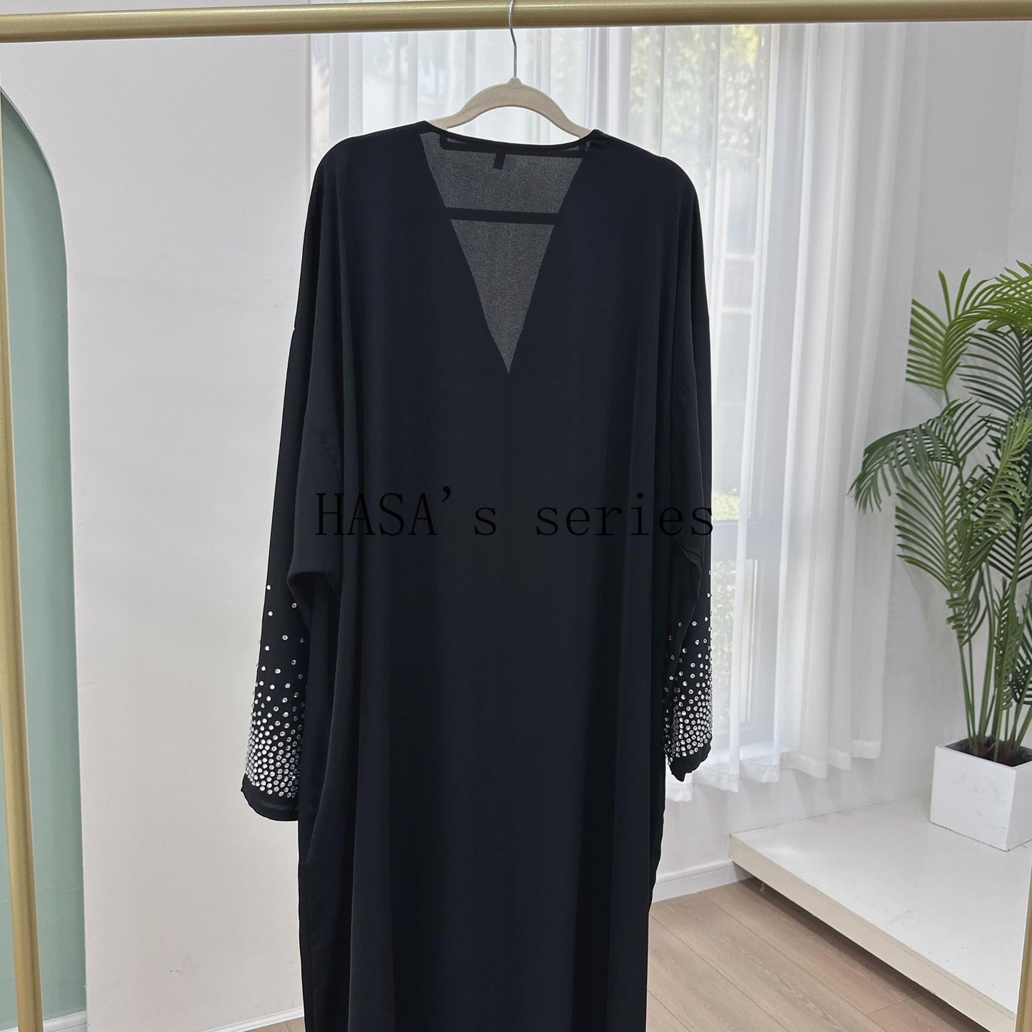 HS4837 Simple and Elegant Two-piece Set: A Cardigan and A Long Dress with Rhinestone Details on The Cuffs.