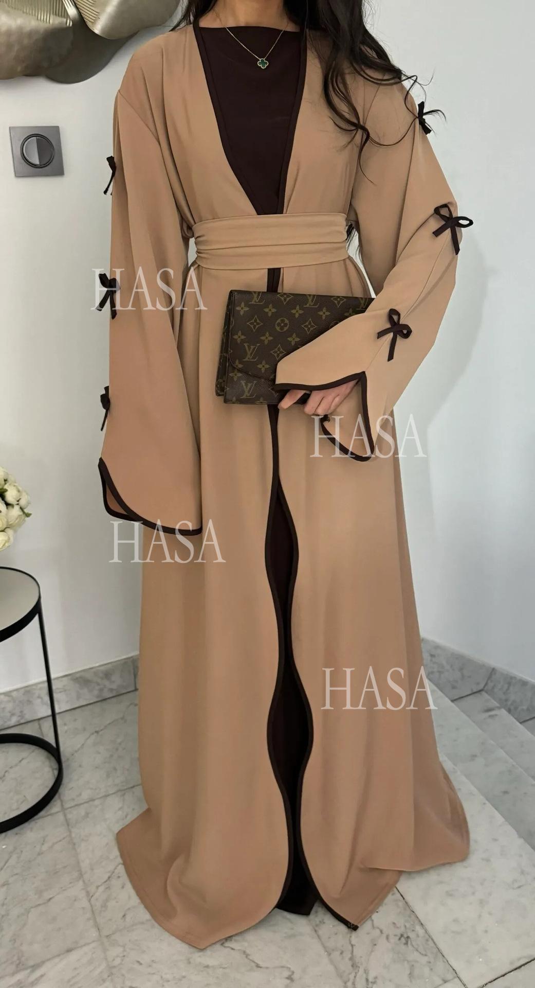 HA5883  A Two-piece Robe and Skirt Set with A Soft Bow and A Belt Design open abaya outfit