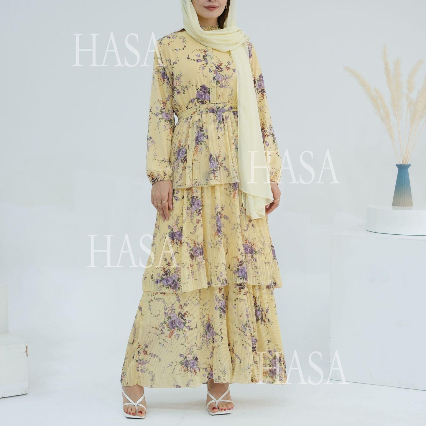 HA6500  Romantic Layered Print Long Dress