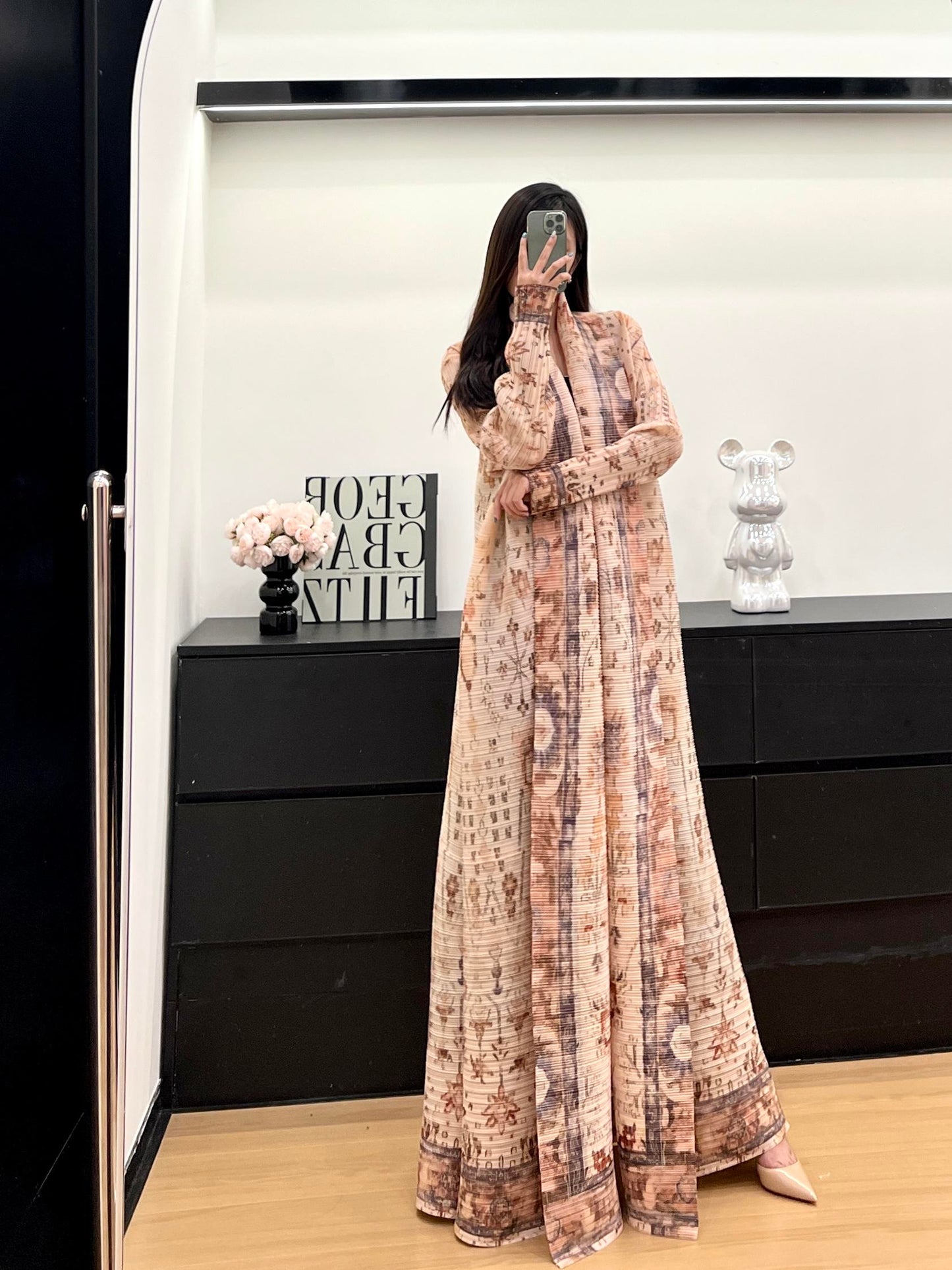HS6728 Vintage Blush  Pink & Beige Printed Abaya with Artistic Motifs