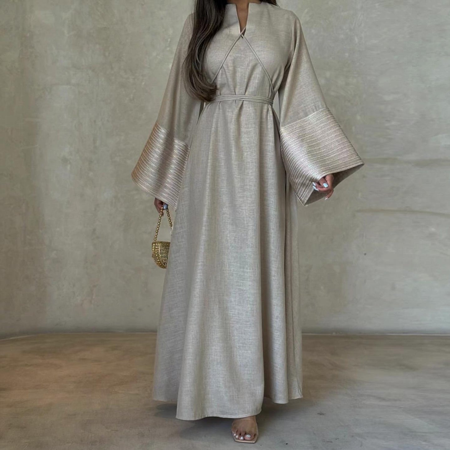 HA6490 Embroidered Panel Sleeve Long Dress